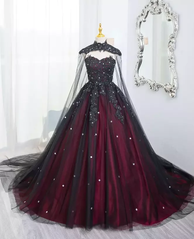 LIYYLHQ Black And Red Gothic Wedding Dresses With Cape Sheath Appliqué Beaded Sweetheart Shawl A Line Bridal Victorian Gowns