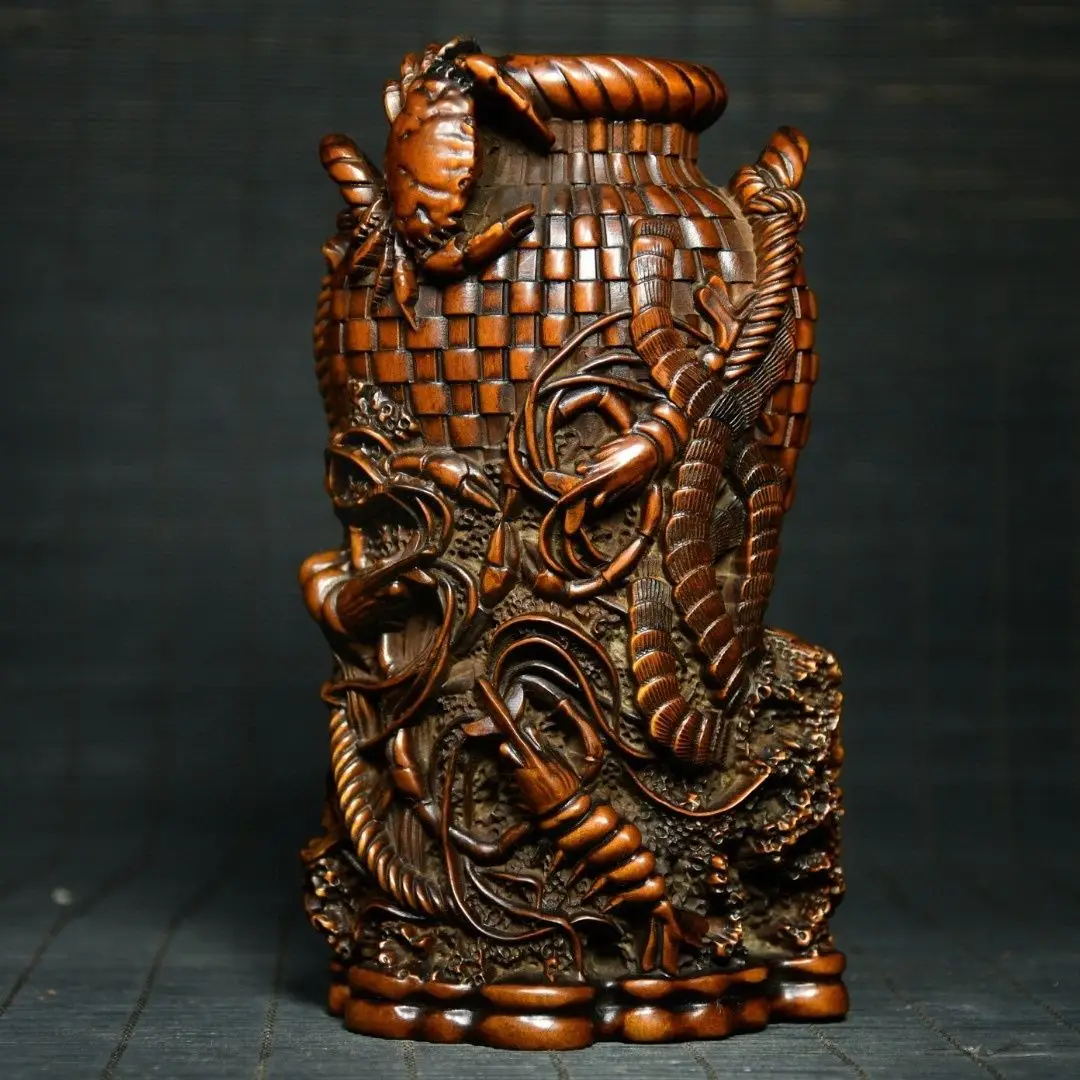 Hand Carved Wood Shrimp and crab fortune pen holder Statue Figurine Desktop Ornaments Home Decoration Crafts Tea Pet Decor