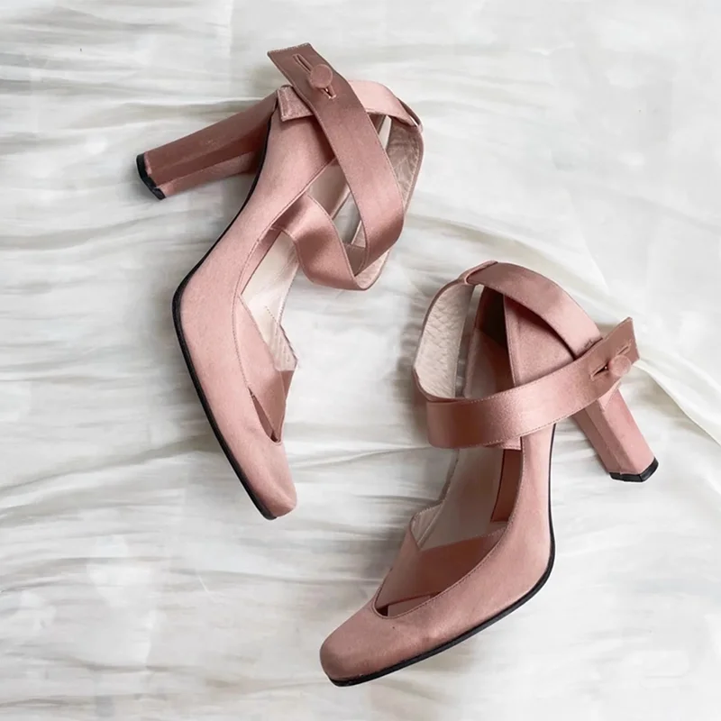 Vintage pink/black/wine red satin chunky heel pumps women's party square toe 9cm high heels luxury designer wedding soft shoes
