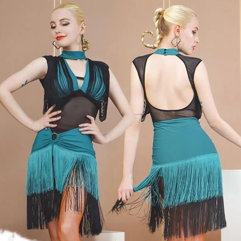 

Платья для латинских танцев для женщин, черно-синее платье с бахромой, одежда для танцев ча-ча-самба для взрослых, костюм для выступлений и тренировок VDL4231