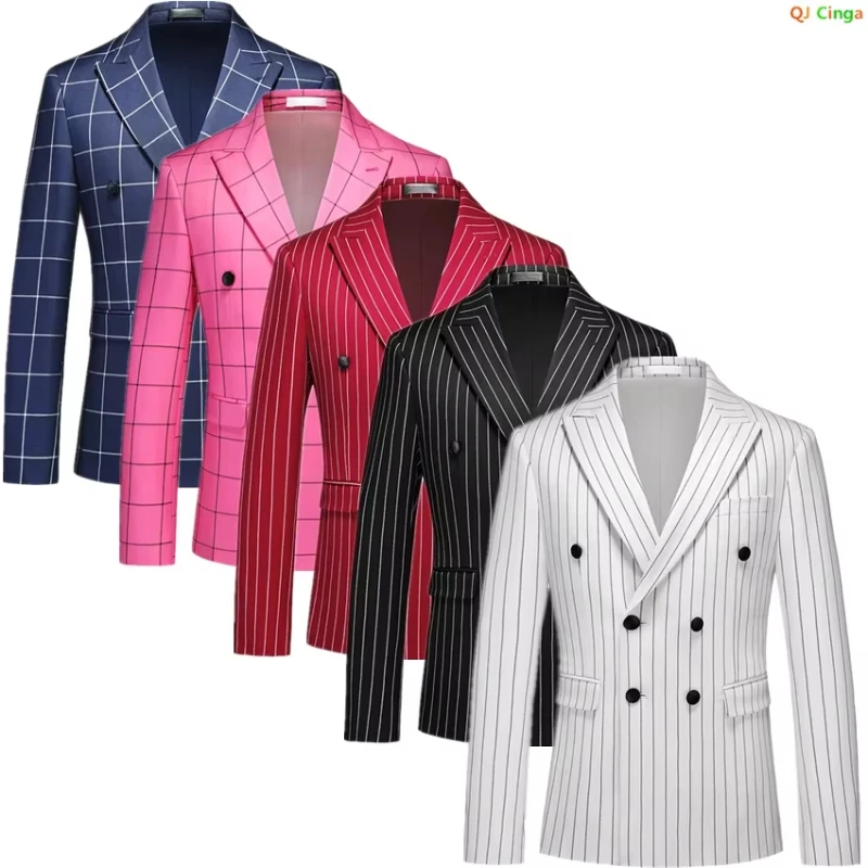 White Vertical Stripe Men's Blazer,Double Breasted Slim Fit Dress Jacket,Wedding Party Blazer,Asian Size M-5XL,6XL, Male Coat