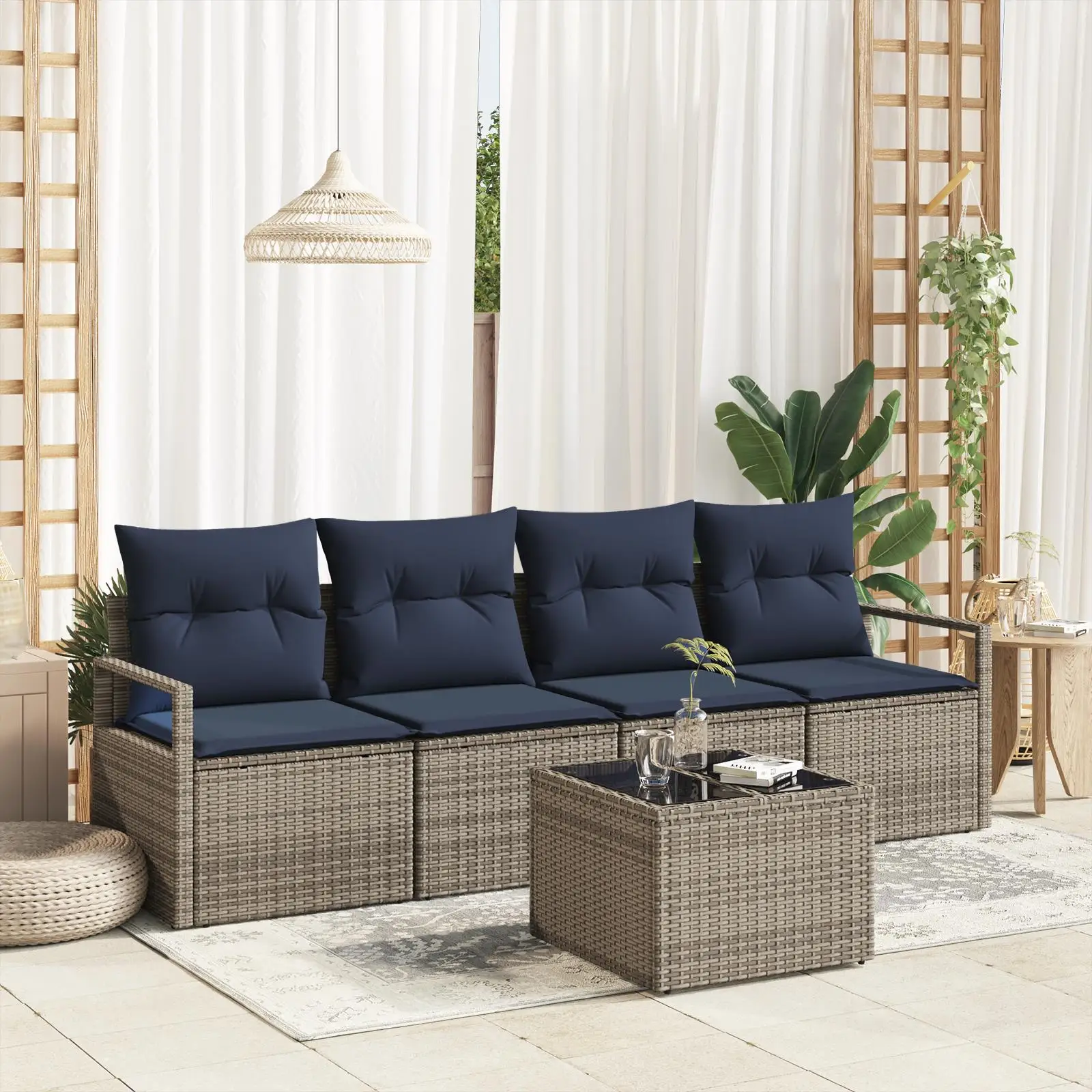 

5 Piece Gray Poly Rattan Garden Sofa Set with Soft Cushions Outdoor Furniture