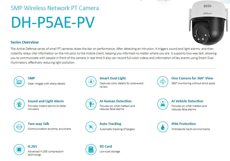 Original Dahua P5AE-PV 5MP WIFI Outdoor PT IP Camera Smart Dual Iight Active Defense Two-way Talk SD Card Slot Outdoor Camera