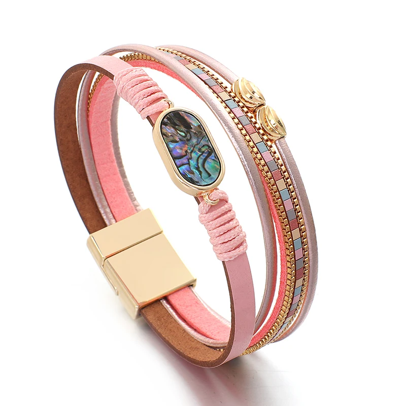 ALLYES Fashion Abalone Shell Braided Leather Bracelet for Women Bohemian Pink Mulitlayer Wrap Bracelets Charm Jewelry