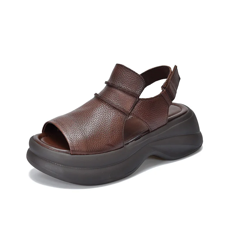 

6 см сандалии из коровьей кожи, дышащие ботинки на крючках, удобные летние резиновые сандалии, женская обувь на плоской подошве с открытым носком