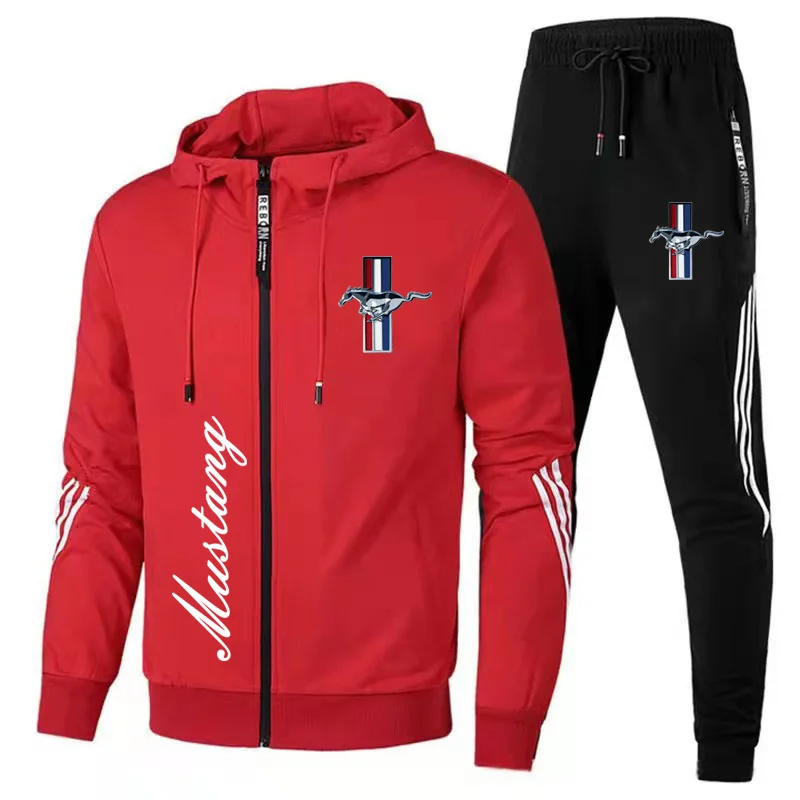 New Men\'s Sportswear Ford Mustang Car Logo Printed Hooded Sweatshirt+Trousers Casual Fit Running Fitness Men\'s Sportswear 2PK