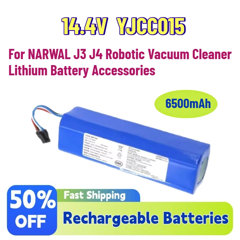 

High-Capacity 14.4V 6500mAh YJCC015 Rechargeable Batteries for NARWAL J3 J4 Robotic Vacuum Cleaner Lithium Battery Accessories