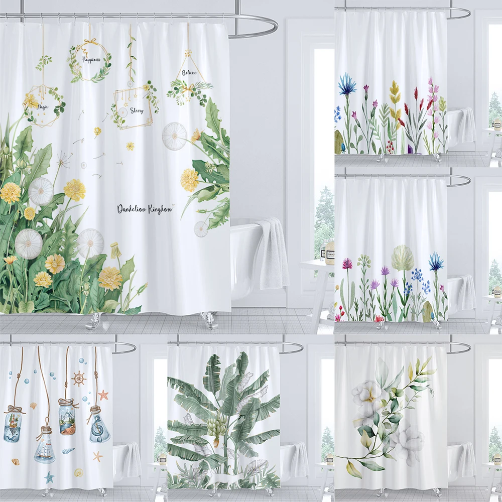 

1 Pcs print shower curtain polyester cloth Simple leaves of plants, flowers bathroom curtain with hooks Home decoration curtain