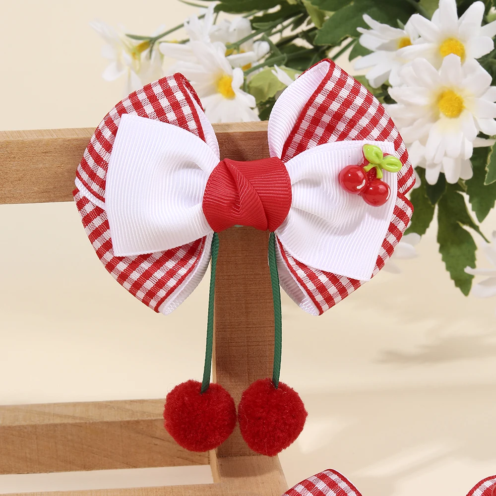 ncmama 2PCS Women Girls Ribbon Flower Hair Clips Tassel Pendant Bow Hairpins Cherry Barrettes Plaid Hairgrips Hair Accessories