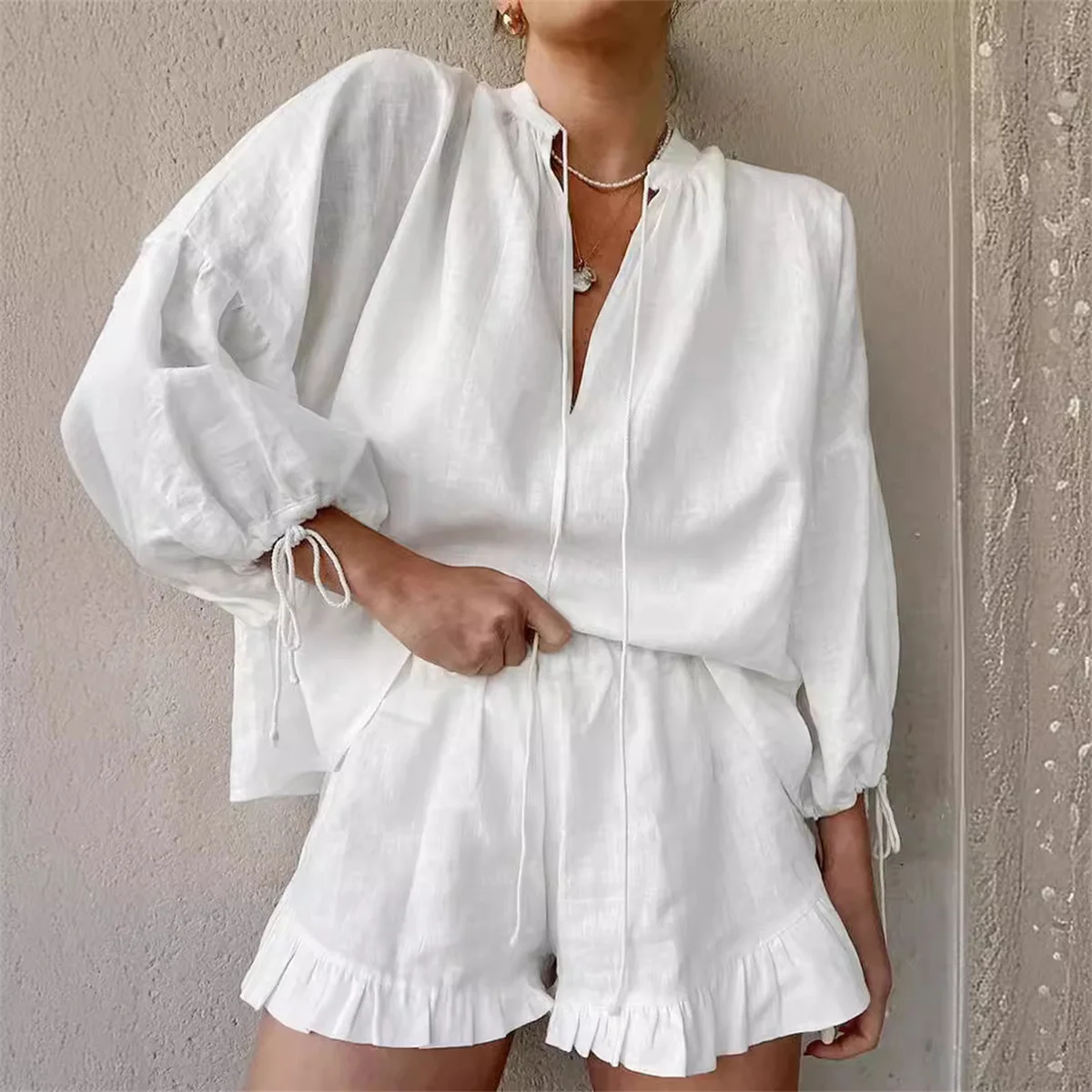 2024 Casual Beach Suits Fashion Summer Cotton Linen Loose Ruffle Shorts Suits Women Long Sleeve Drawstring Pullover 2 Pieces Set