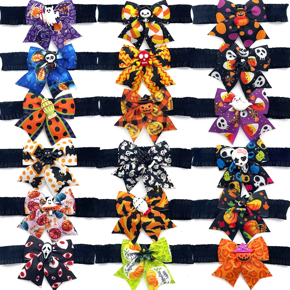 

50pcs Pet Products Halloween Dogs Bowties Neckties Dog Grooming Collar with Elastic Band Skull Pumpkin Bowtie for Small Dog Cat