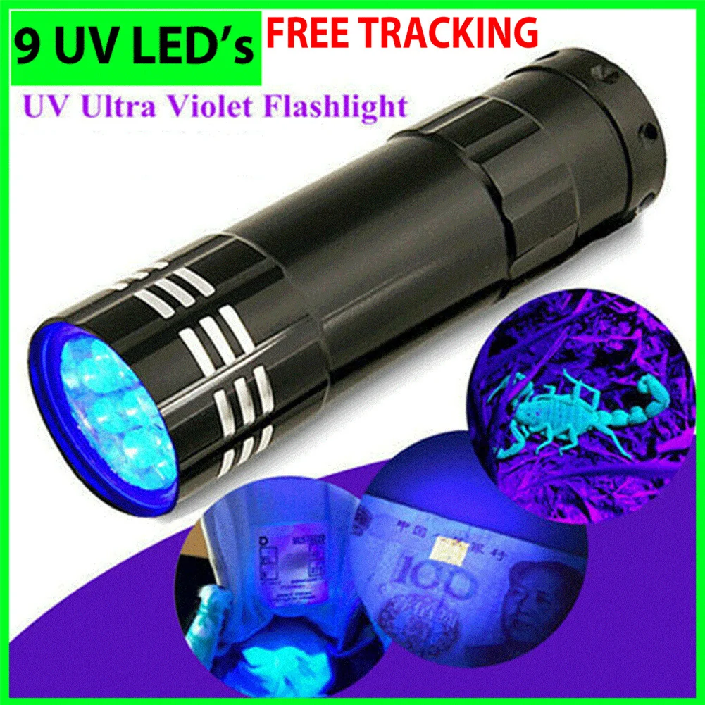 Lampu senter Ultraviolet Led 9 Uv, senter darurat Mini multifungsi, Portabel luar ruangan, tahan air