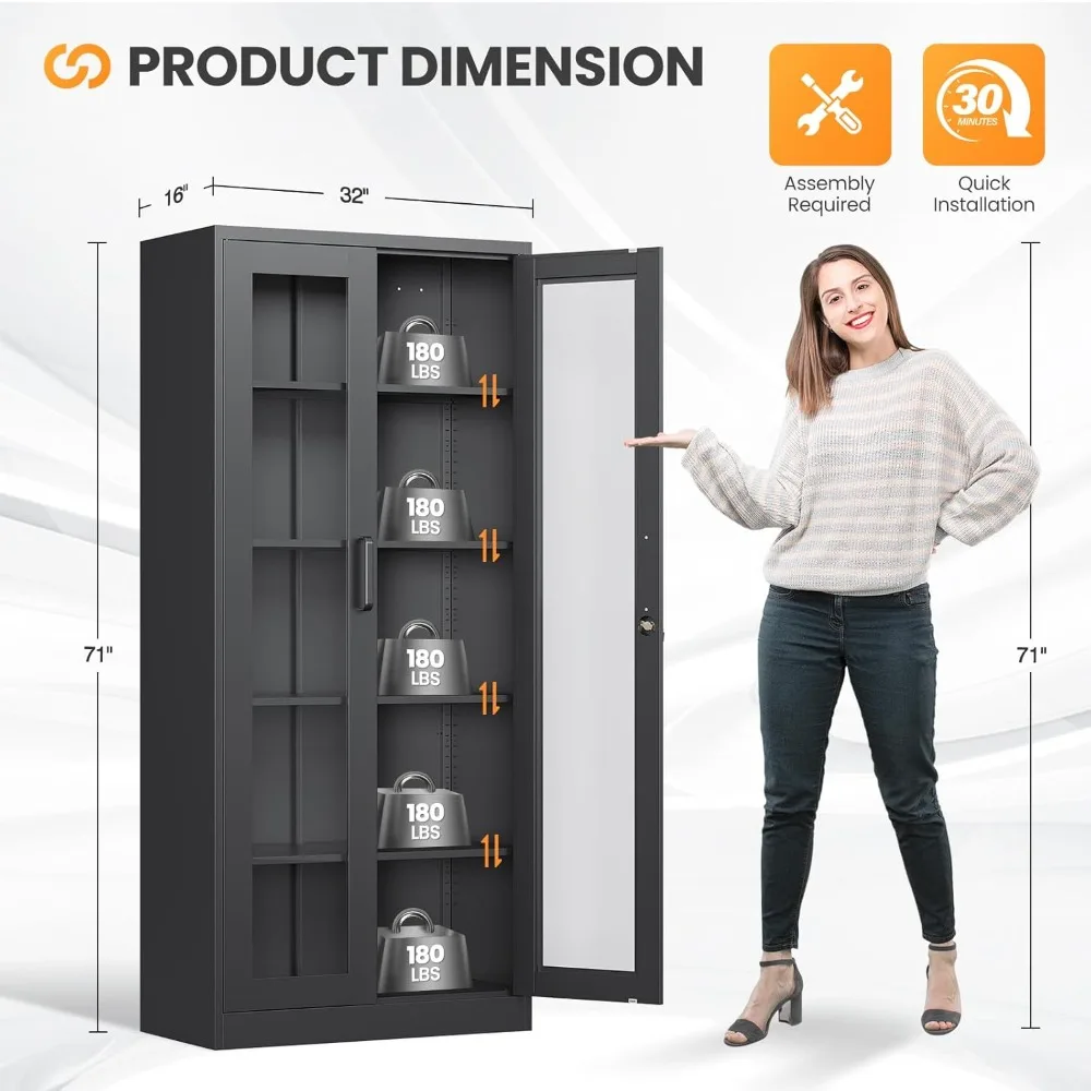 Tall Glass Door Metal Curio Cabinet with Adjustable Shelves, 71-Inch High Black Display Case for Liquor Cans