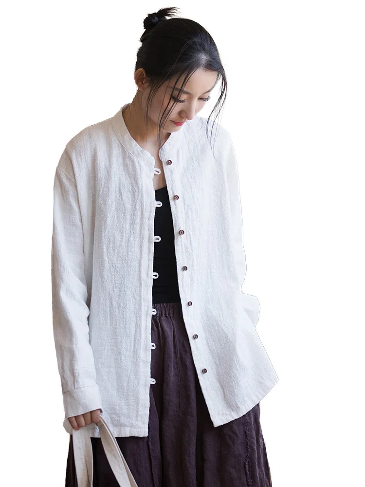 

Mandarin Shirts Women Plain Ramie Cotton Long Sleeve Button Up Shirts Chinese Style