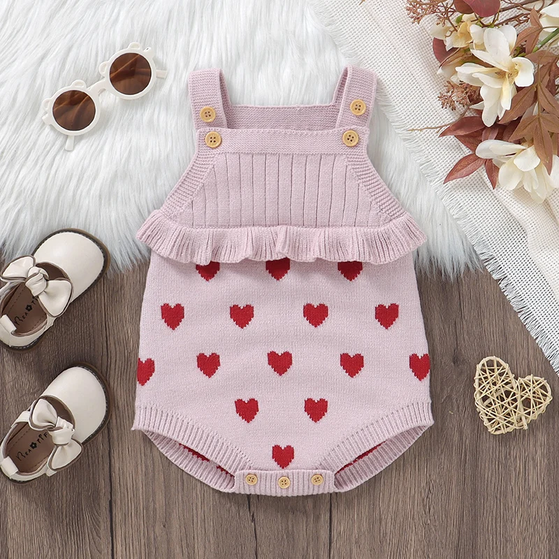 Baby Girls Knitted Bodysuits Clothes Pink Sweet Heart Newborn Infant Sleeveless Onesie Coveralls One Piece Toddler Outfits 0-18m