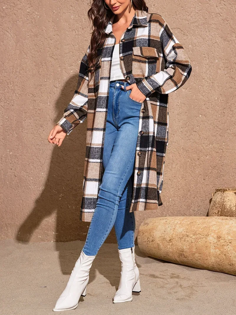 Plus Size 1XL-5XL Women Fashion Plaid Printing Long Coat Ladies Autumn and Winter Long Sleeve Temperament Long Coat