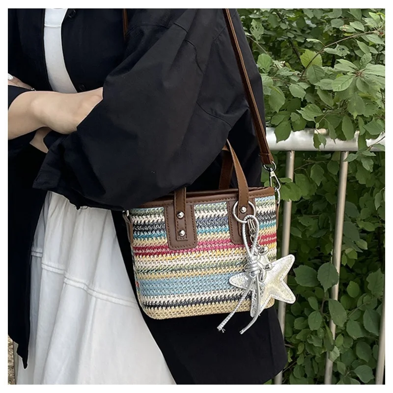 Boho Style Striped Woven Mini Tote Bag Women Retro Vacation Handbag Detachable Strap Crossbody Shoulder Bag view 6