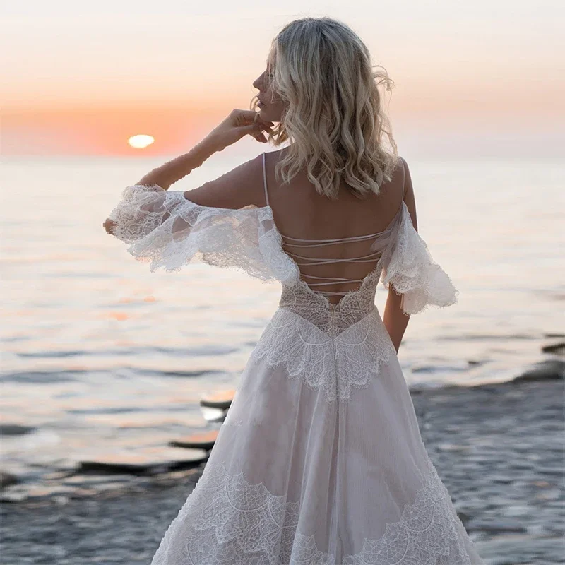 Sexy pizzo bianco scollo a V spalline abiti da sposa per la sposa lungo Prom sera ospite donne vestono abiti formali estivi