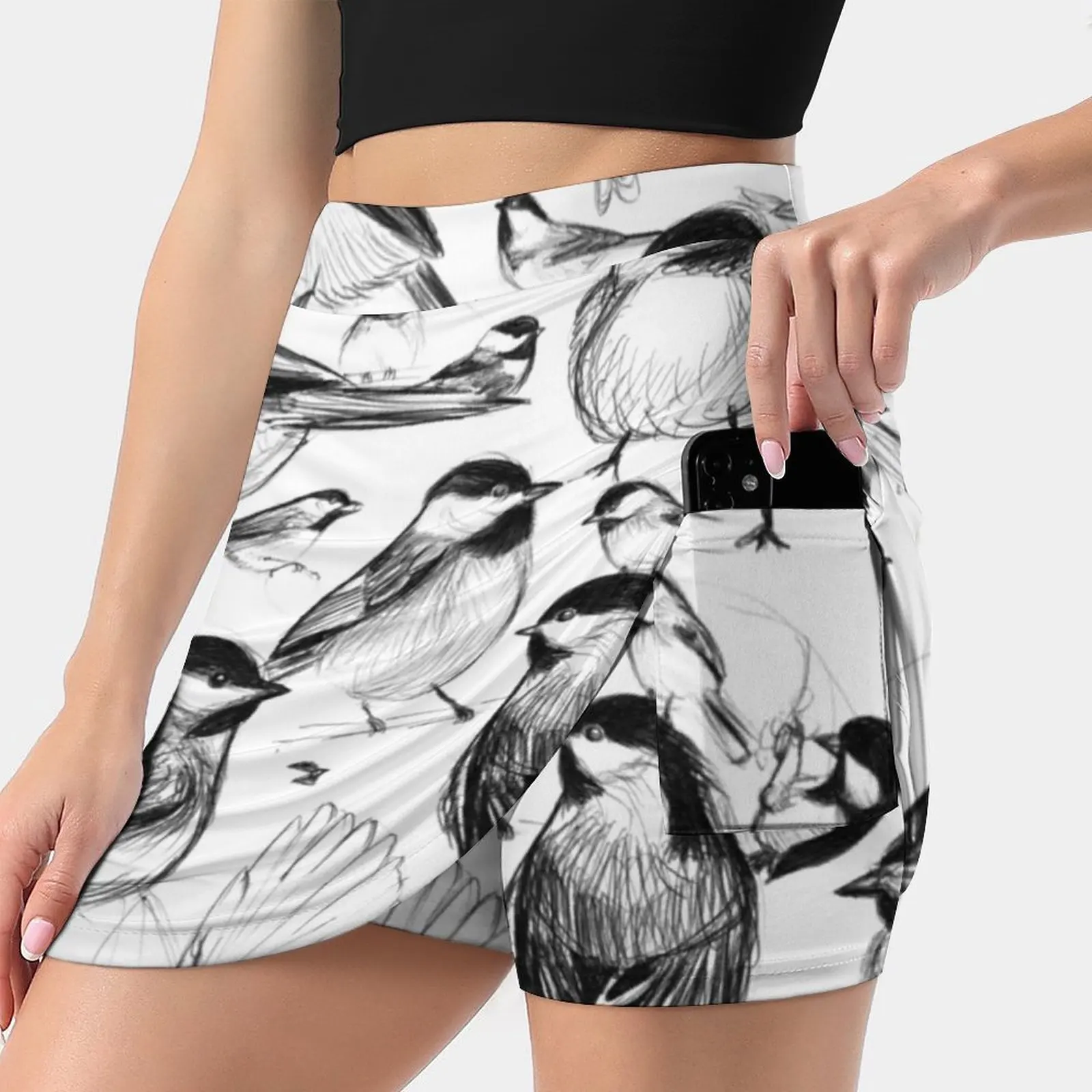 

Chickadee Study Women's skirt Aesthetic skirts New Fashion Short Skirts Chickadee Bird Maine Nature Black And White Doodle