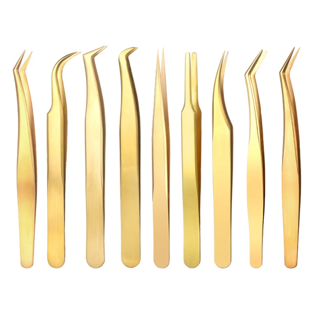 Professional Stainless Steel Lash Extension Tweezers Anti-Slip Gold Curved Tip Tweezers Straight Tweezers Makeup Accessories