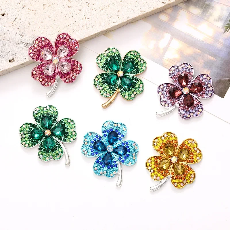 Glitter Four-Leaf Clover Rhinestones Brooch Decoration Accessory DIY Phone Case Button Wedding Clothing Jewelry Craft Supplies