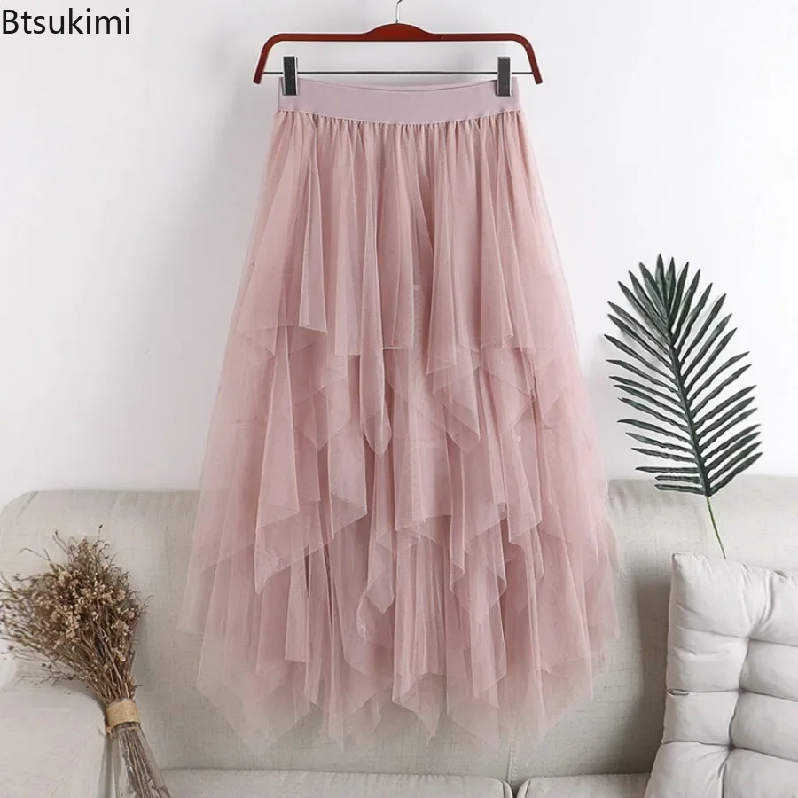 

New Women's Tulle Splicing Pleated Long Skirts Fashion Tiered Irregular Hem Design Women Elegant Cake Skirts Sweet A Line Skirts