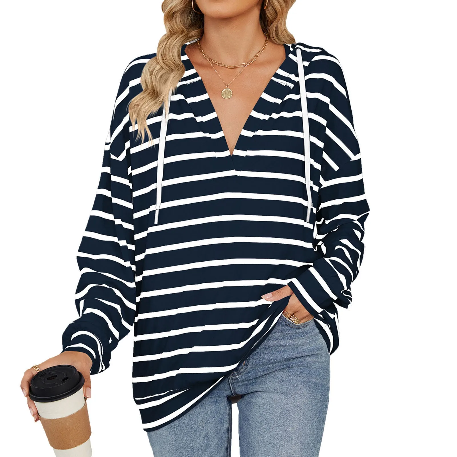 Classic Striped Hooded Sweatshirts Oversized Loose Fitting Casual Pullovers Long Sleeved V-Neck Unisex Hoodies for Women