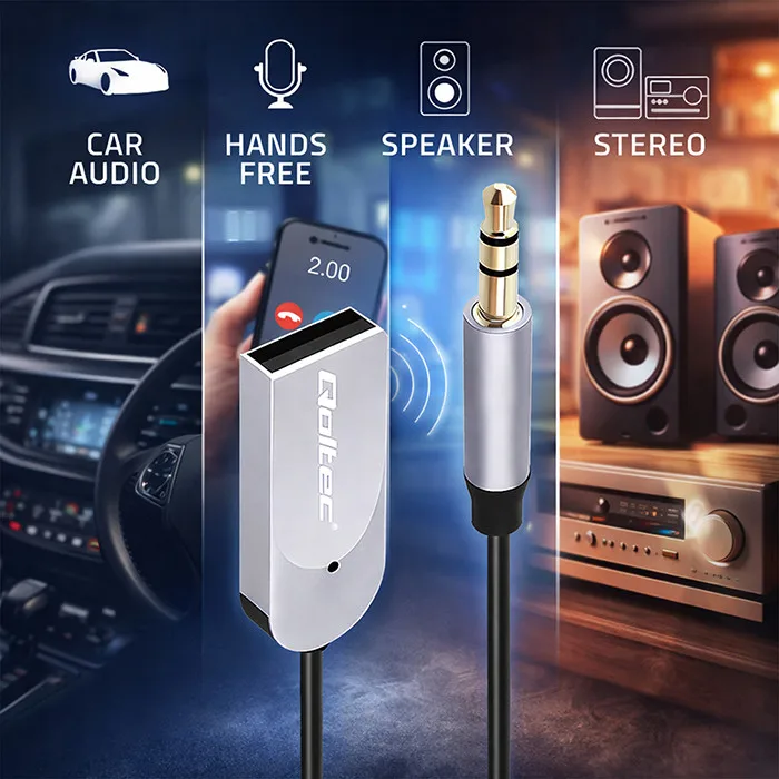Qoltec Draadloze Audio Audio-ontvanger Adapter HiFi Huis & Auto Bluetooth 6.0 2 x RCA 1 x AUX MiniJack 3.5mm USB Microfoon