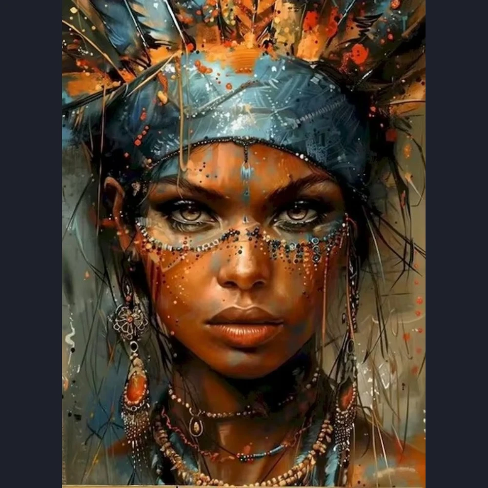 African Black Woman Portrait Tribal Feather Headdress Oil Painting By Number DIY Wall Decor for Game Room or Living Room Gift