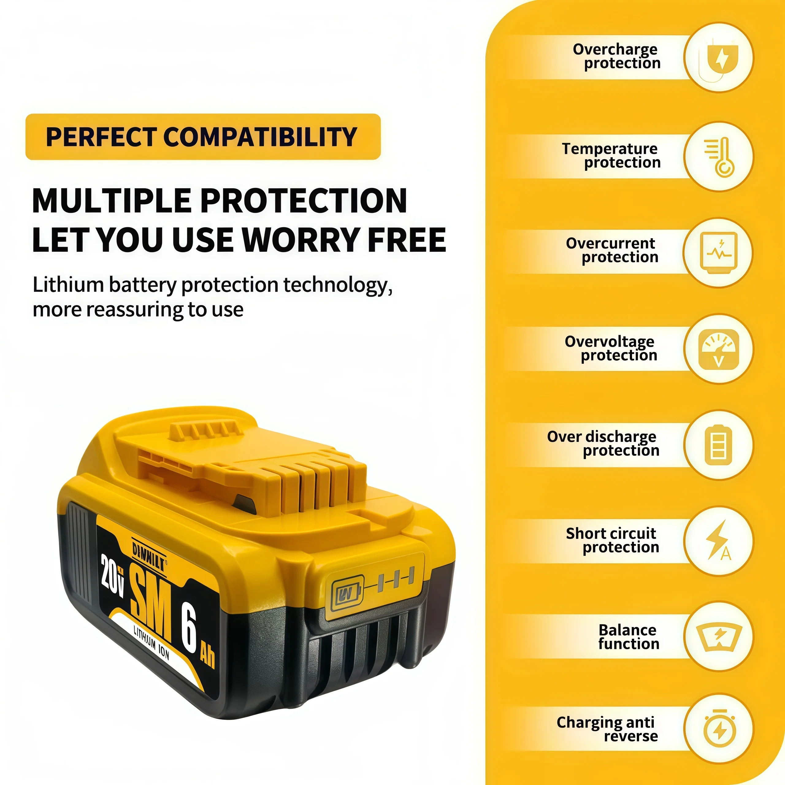 Vysokokapacitní lithium-iontová baterie 18V/20V MAX pro Dewalt DCB182 DCB186 DCB200 DCB204 kompatibilní s akumulátorovými vrtačkami a rázovými aku vrtačkami - náhled 6