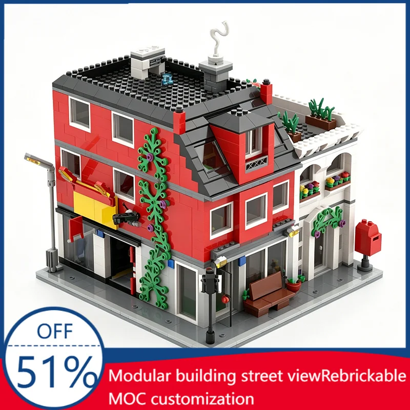 1954PCS City Corner Pizza Restaurant And Bakery Modular Building MOC Model Custom Building Blocks Educational Toy Gift For Kids