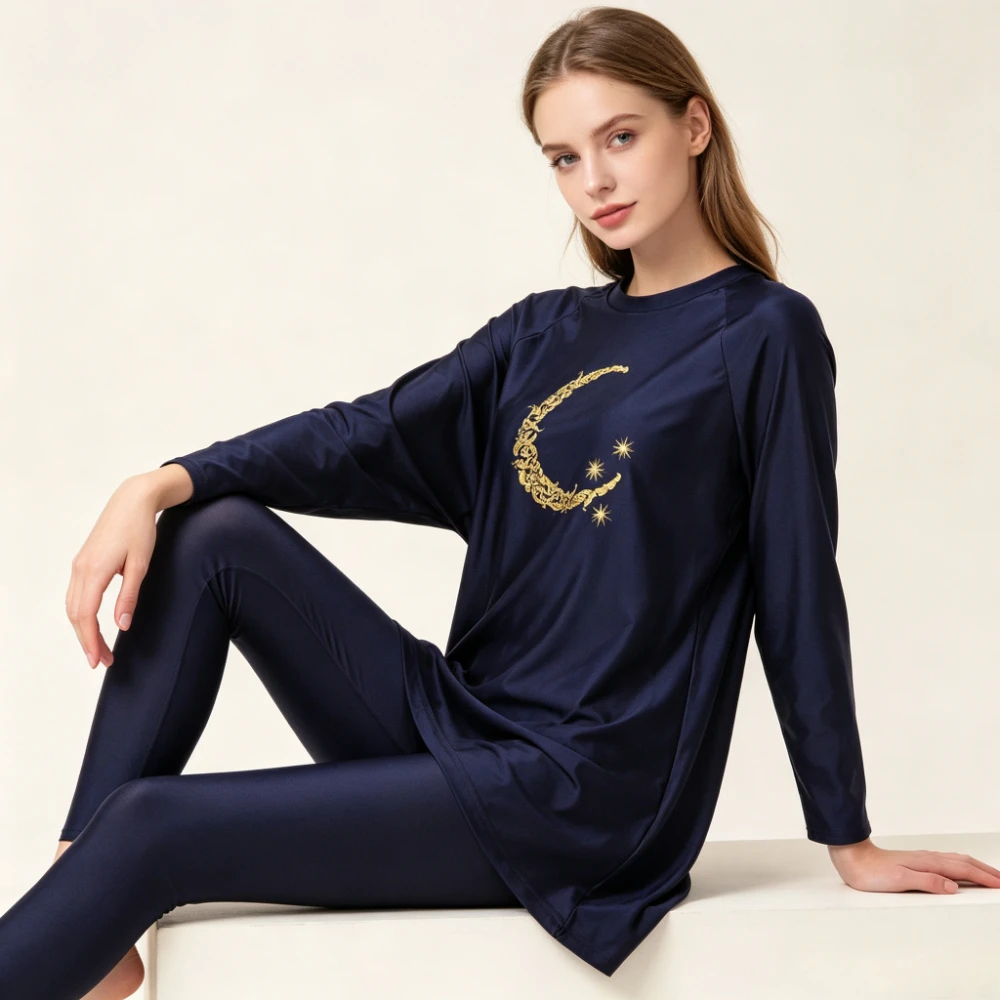 New Modest Burkini Swimwear Golden Crescent Moon Star Print Long Sleeve Full Coverage Quick Dry Muslim Conservative Bathing Suit