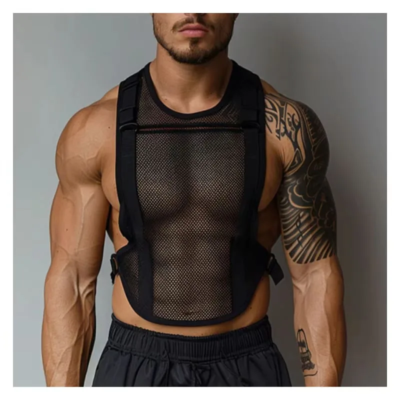 Men\'s Tank Top Outdoor Sports Black Cutout Vest Top Men\'s Sheer Mesh Fitness Sleeveless Vest Men Summer Mesh Vest Men\'s Clothing