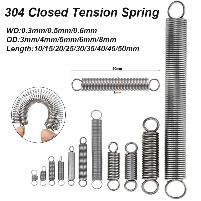 Kleine Zugfedern aus Edelstahl 304, 10 Stück, Doppelhaken, Draht 0,3–0,6 mm, Außendurchmesser 3–8 mm, Länge 15–50 mm, für Heimwerker- und Hardware-Reparaturen