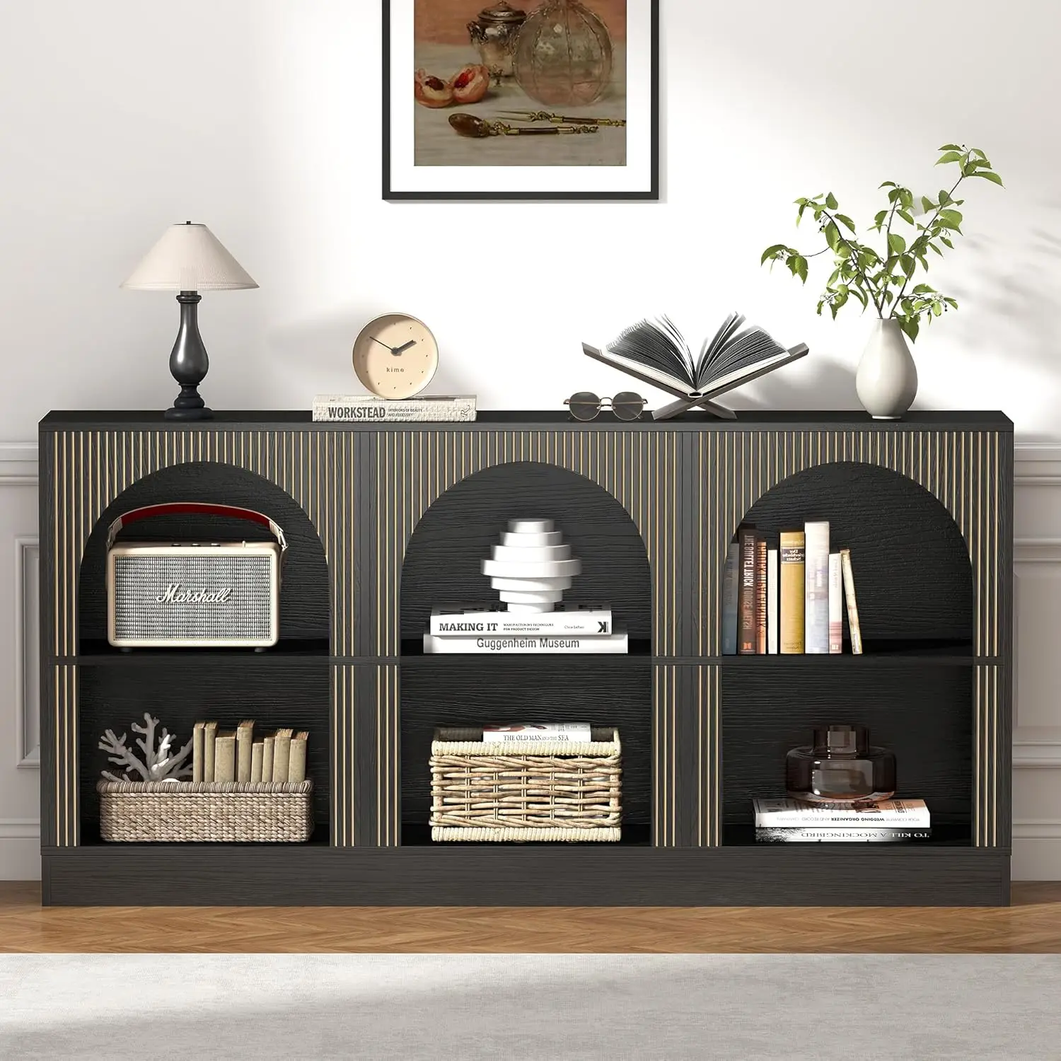 

Table with 3-Tier Open Storage, 63 Arched Entryway Table with Carved Fluted Panels, Rectangular Wooden Sofa Table for Li