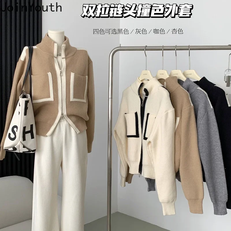 Temperament Cardigan for Women Sueter Mujer Pockets Zipper Thicked Pull Femme Stand Neck Casual Fashion Cropped Sweater Coat