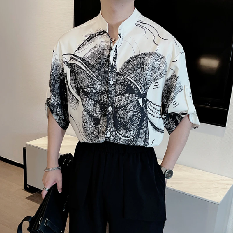 Chinese Style Retro Ink Print Medium Sleeved Shirt for Men's Loose Standing Collar Casual Shirts Oversized Social Harajuku Shirt