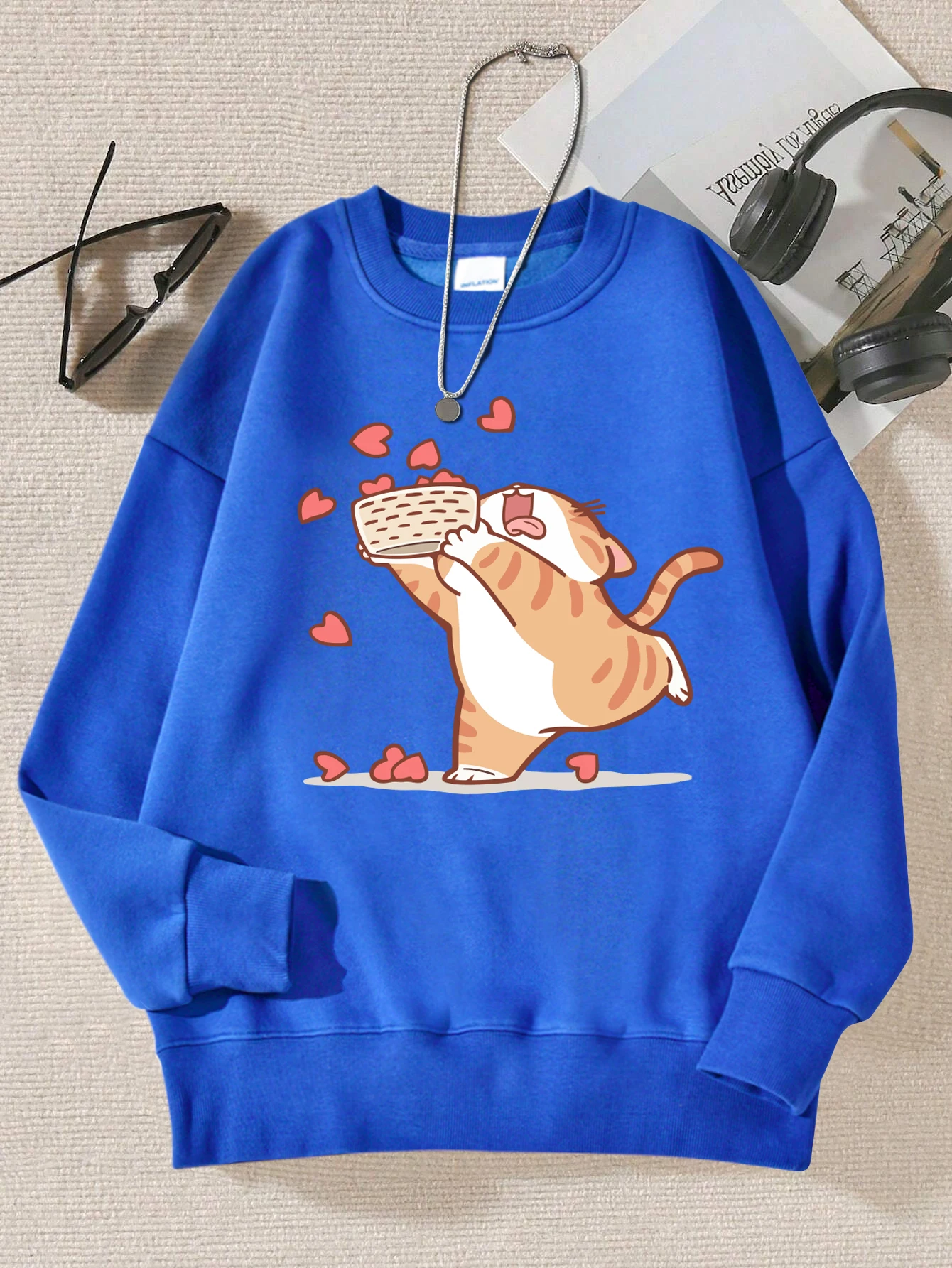 Collecting Loving Cartoon Cats Print Women Sweatshirt Casual Loose Hoody Simple Fleece Pullovers Street Crewneck Woman Clothing