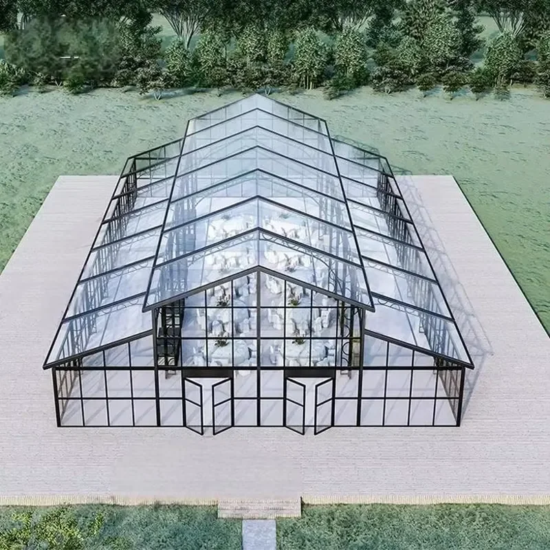 Modern Black Tempered Glass Conservatory Aluminum Metal Frame Wedding Greenhouse Four Season Style Walk-in Sunroom