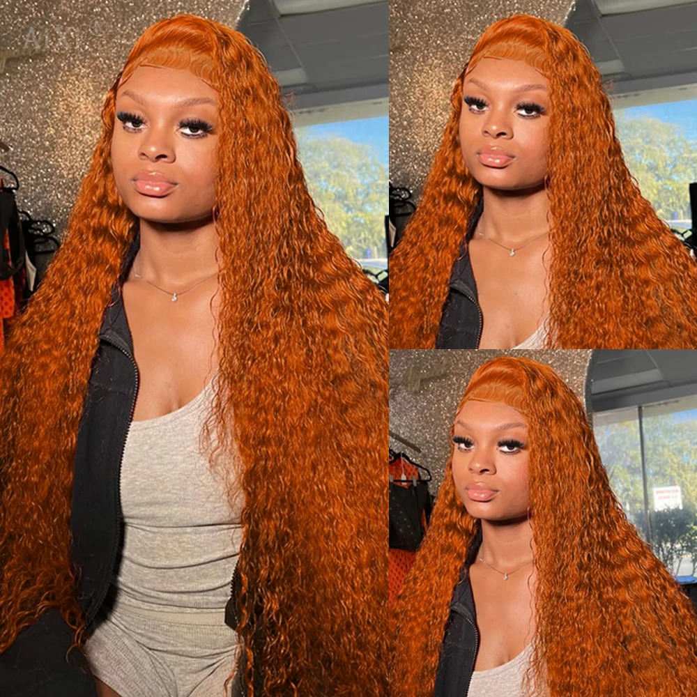 Peluca con malla frontal de jengibre naranja, cabello humano 13x6, pelucas con malla frontal de onda profunda, peluca de cabello humano con ondas de agua de 38 pulgadas, pelucas rizadas prearrancadas