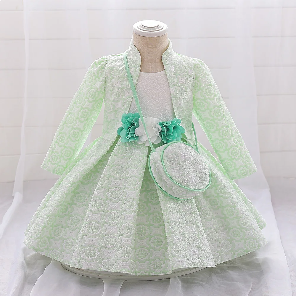 3PCS Baby Party Dresses For Girls Court Vintage Ceremony Birthday Party Ball Gown Toddler Kids Princess Vestidos With Bag Shawl