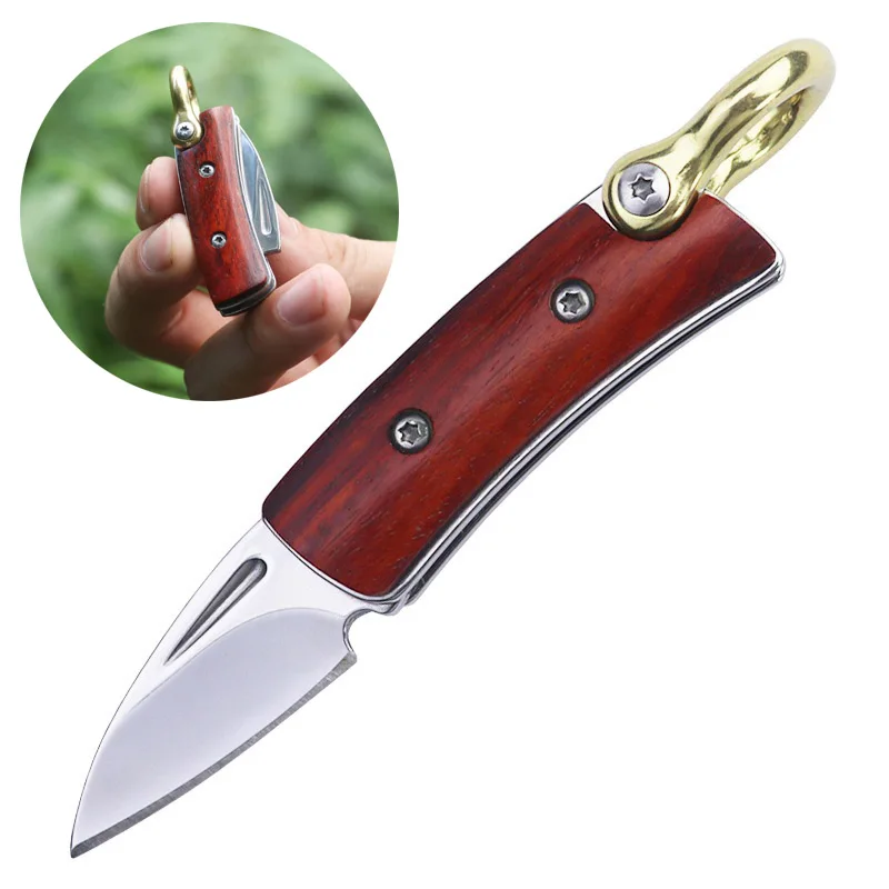 Wooden Handle Folding Knife Fruit Cutter Outdoor Survival EDC Tools Portable Keychain Pocket Knife Self Defense Hardness D2