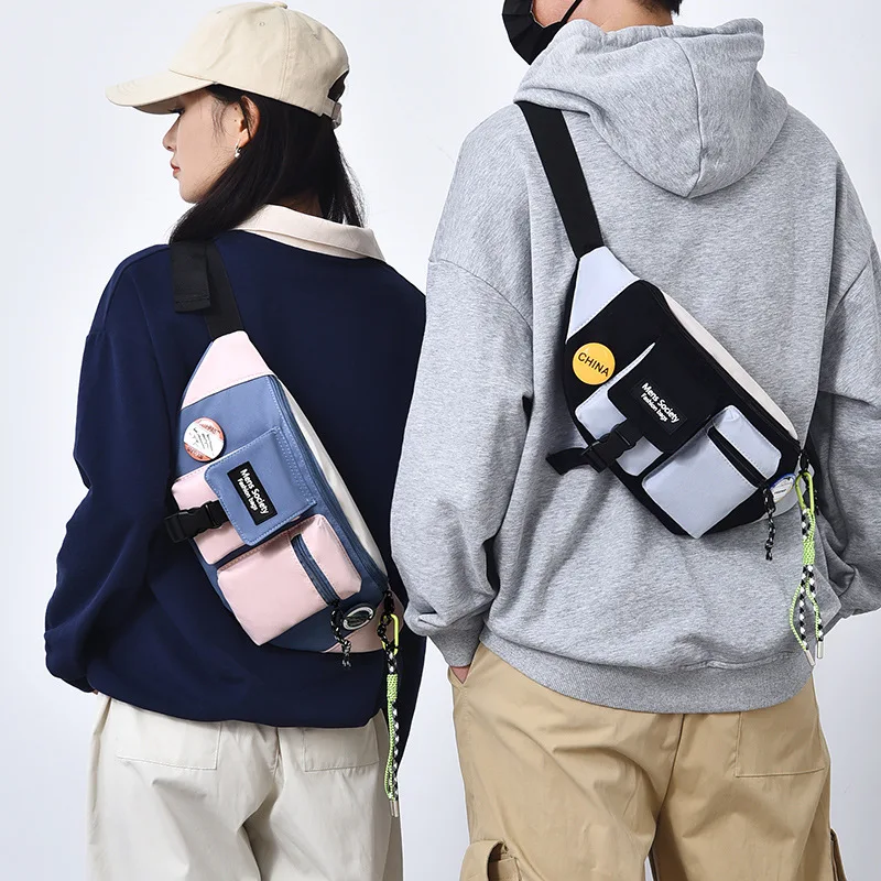 Men's mobile phone storage cross-body weight reduction sports chest bag canvas ultra light large capacity collision color quilt
