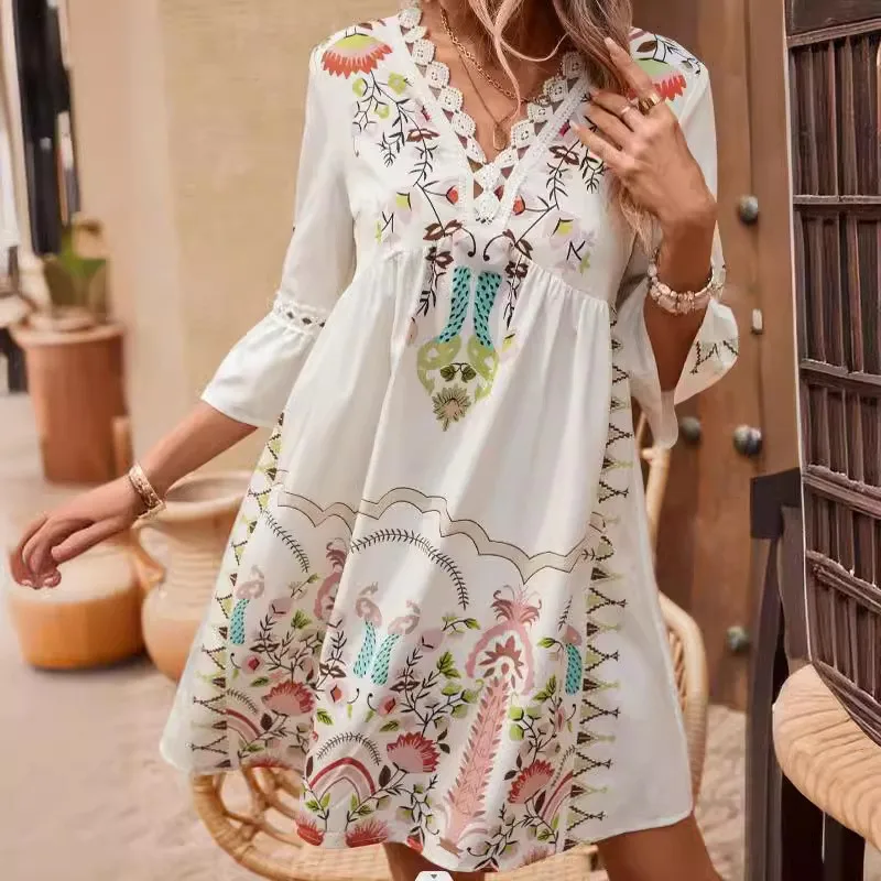 

New Sexy Deep V-neck Hollow Out Midi Dress Women Summer Flare Sleeve Loose A-Line Beach Dresses Retro Party Boho Dress Vestidos