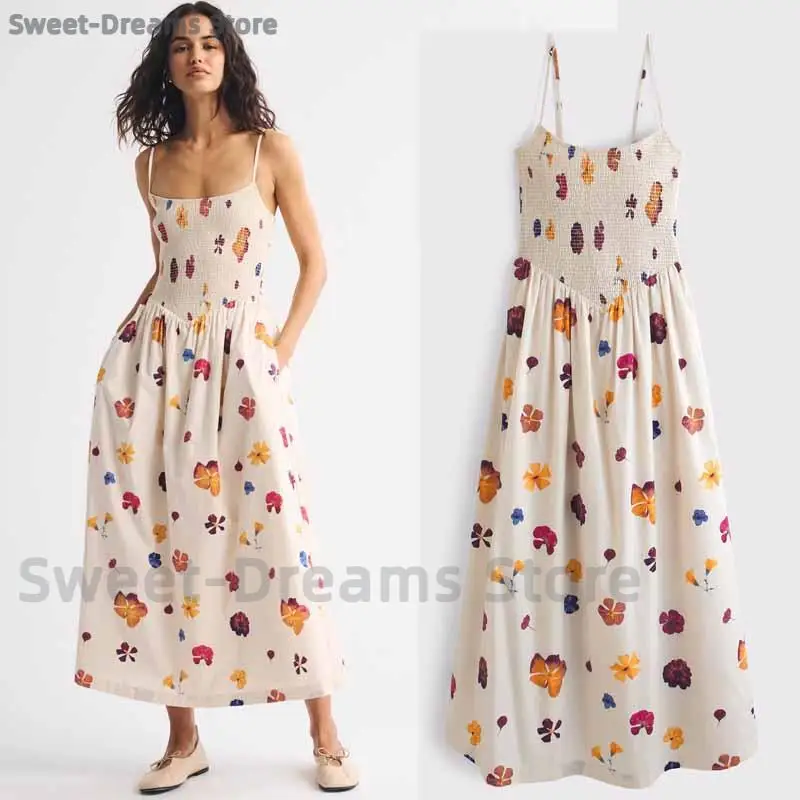Sommerliches neues Blumenmuster-Kleid mit A-Linie und Spaghettiträgern, trendiges ärmelloses Kleid mit eckigem Ausschnitt, plissiert, schmal geschnitten, Strandkleid