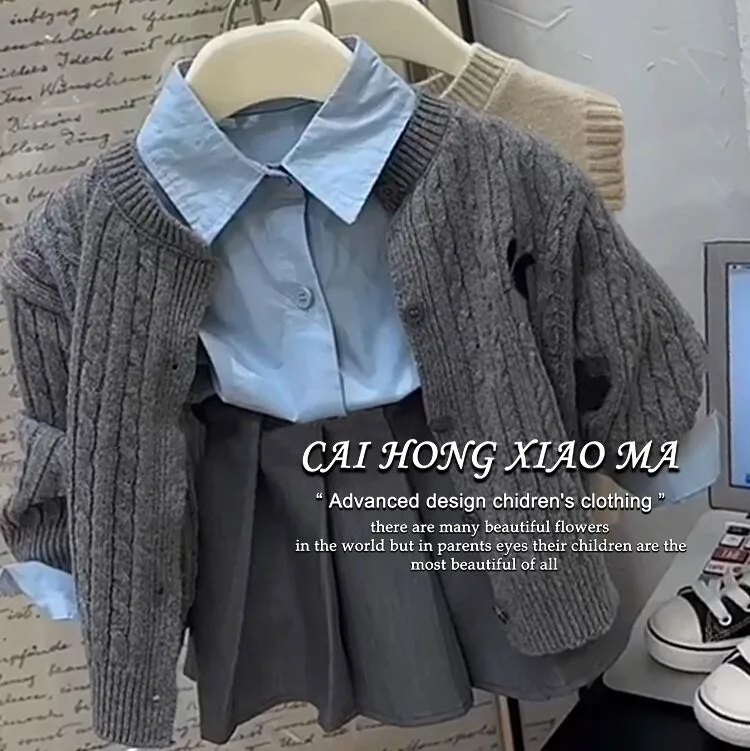 الربيع الكورية نمط الفتيات ثلاث قطع مجموعة الزي المدرسي سترة مع رفض طوق بلوزة مطوي تنورة طفل أطفال الزي