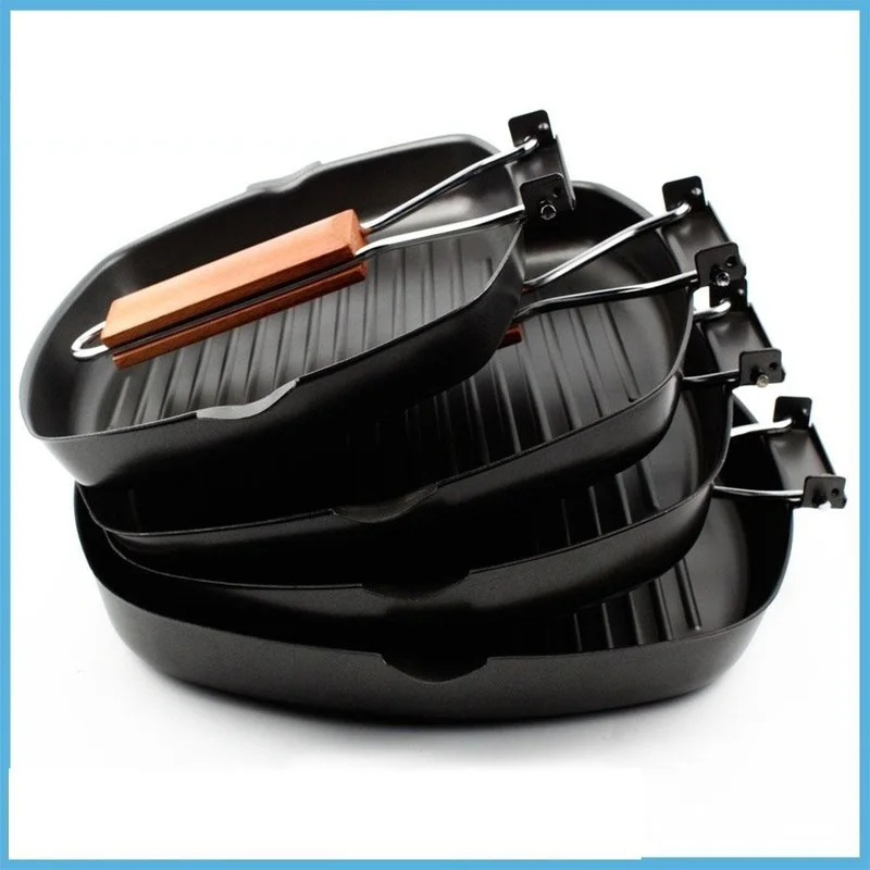 Portable Non-sticky Steak Frying Pan Square Grill Pan With Folding Wooden Handle BBQ Frying Pancast Iron Kitchen Accessory