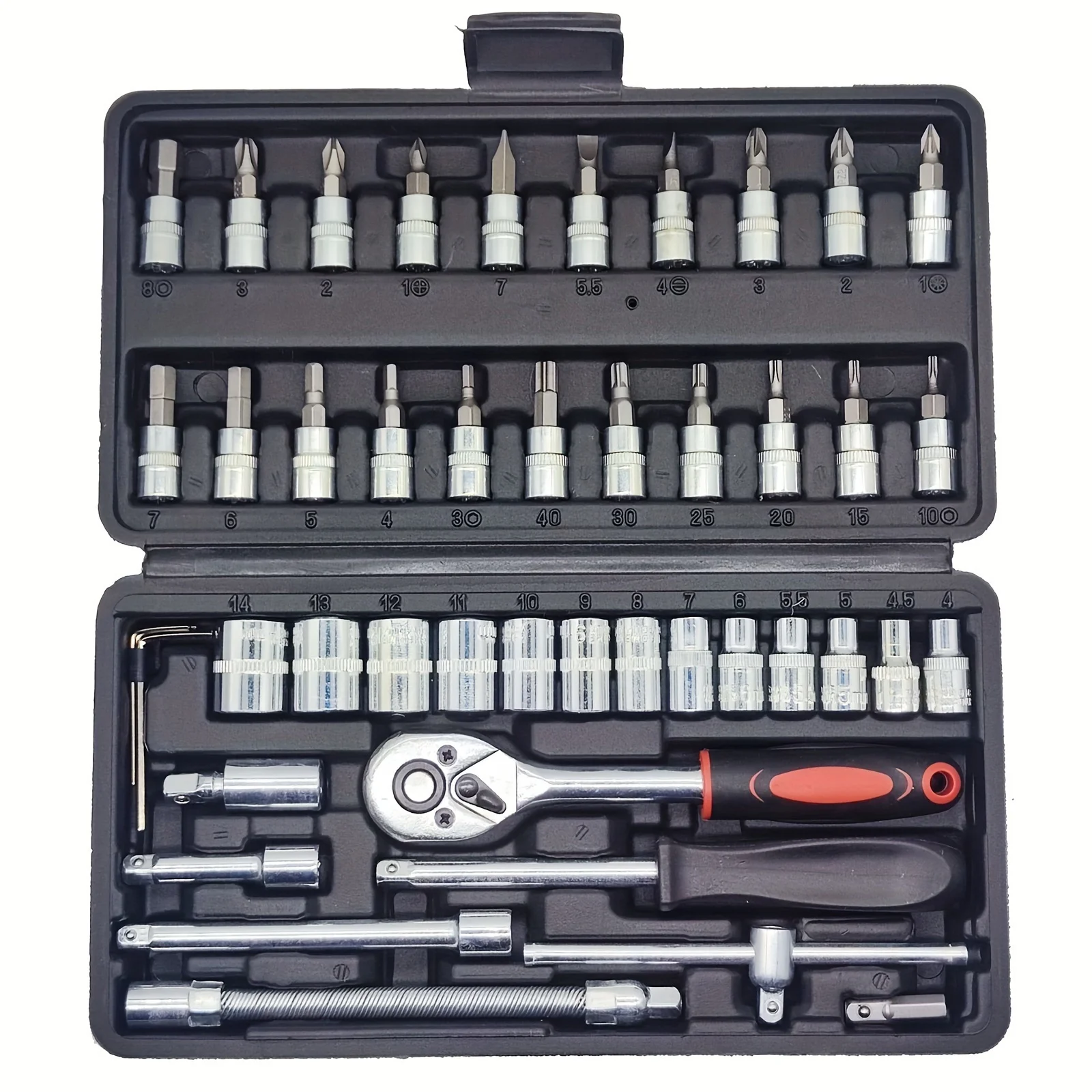 

46 шт., набор инструментов для ремонта автомобиля из углеродистой стали, набор ключей с храповым механизмом 1/4 дюйма, набор торцевых ключей с метрической головкой и удлинителем