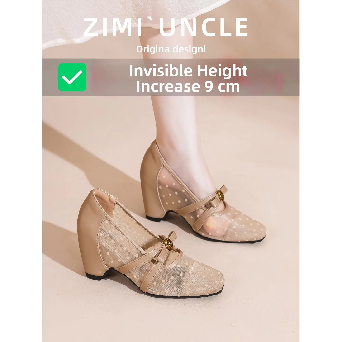 ballet-flat-shoes-with-mesh-hollow-out-polka-dot-design-and-knot-square-head-inner-heightening-9cm-for-women