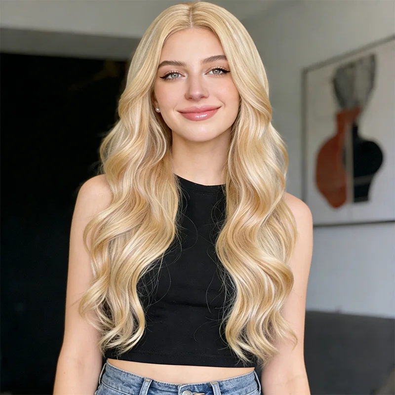 

Long curly hair wig, European and American style, beige-gold color, middle parting, large waves, synthetic fiber headpiece